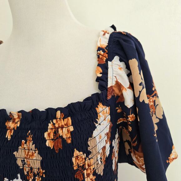 Baltic Born Floral Navy Maxi Dress Boho Smocked Square Neck Ruffle Women Large - Picture 6 of 13